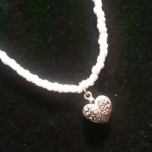 White Beaded Necklace with Silver Heart Pendant